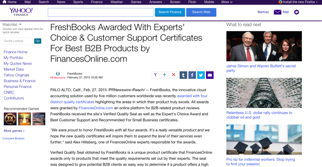 Here's our media release about FreshBooks achievements published on Yahoo! Finance.