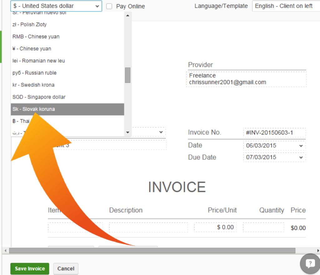 Need to bill in Slovak koruna? No problem, Paymo lets you to choose the currency in your invoice.
