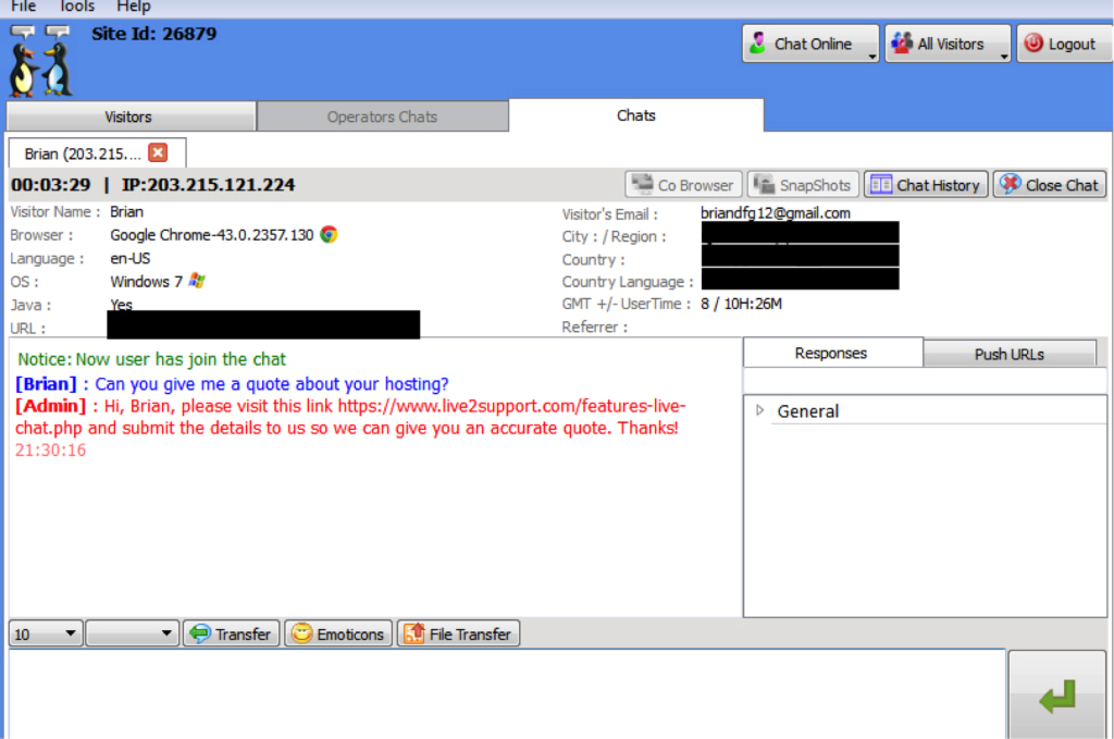 You can see visitor details such as his name and email, browser, language, OS, URL, country, etc.