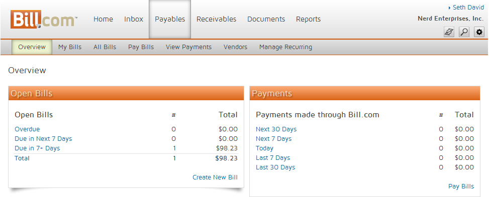 Overview of Bill.com interface
