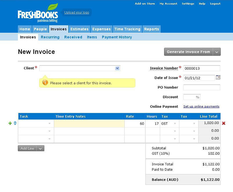 Sample invoice panel in FreshBooks