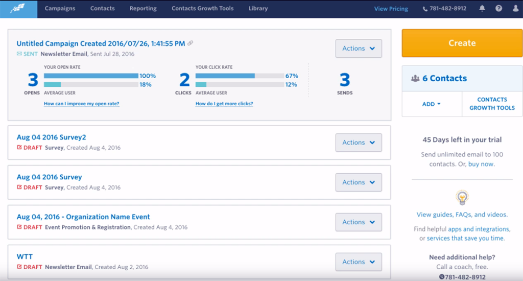 Constant Contact dashboard