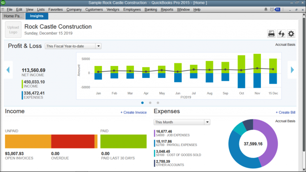 QuickBooks Enterprise dashboard