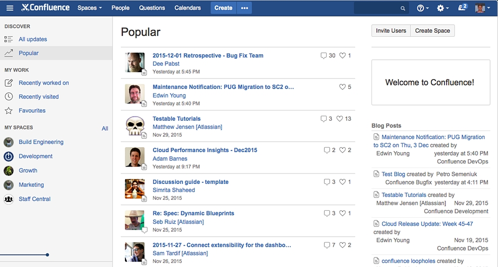 Atlassian Confluence dashboard