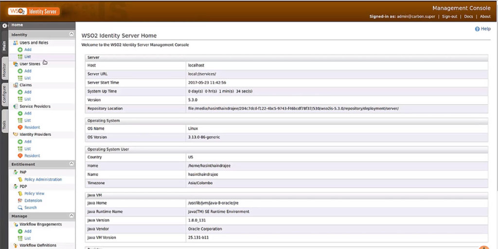 WSO2 Identity Server dashboard