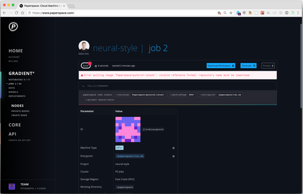 Paperspace dashboard