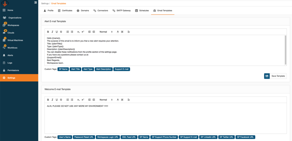 Neverfail Workspaces dashboard