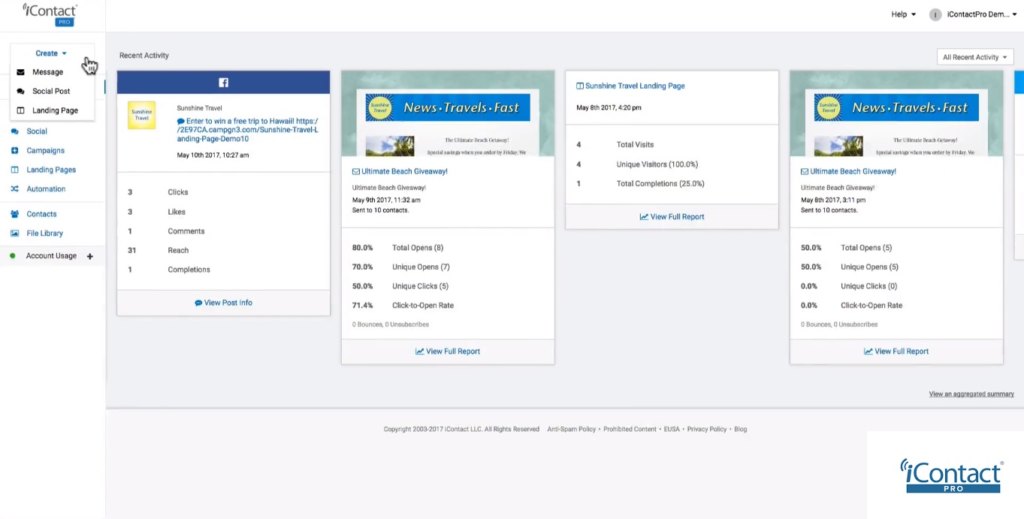 iContact Pro dashboard