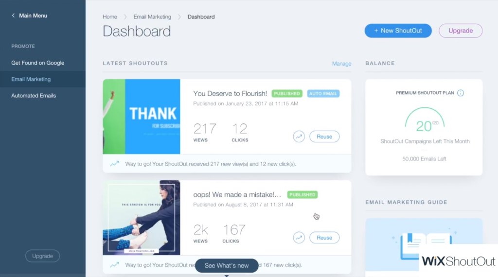 Wix ShoutOut dashboard