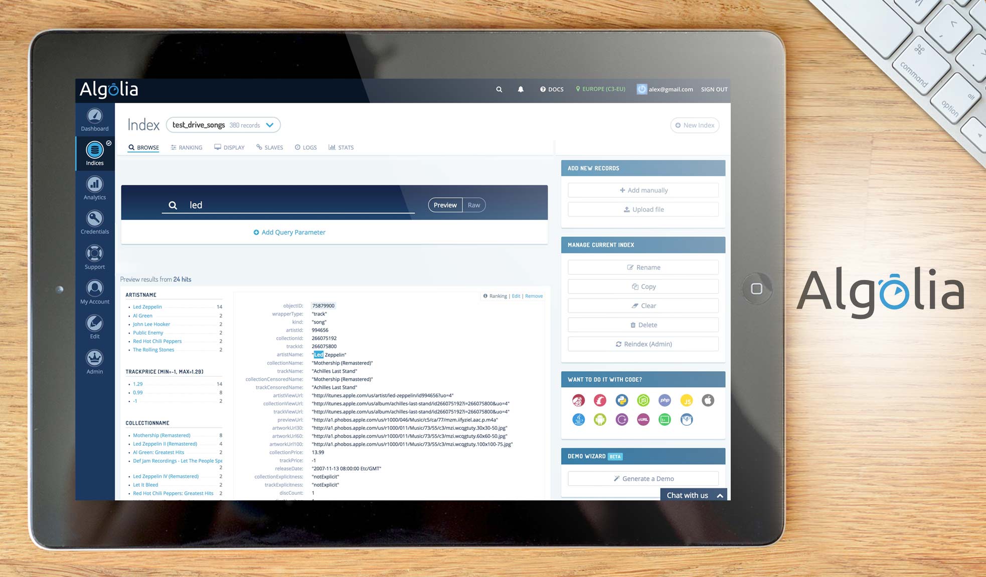Algolia dashboard example