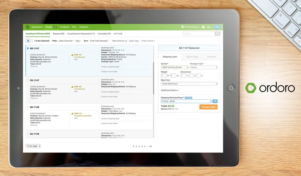 ordoro dashboard example