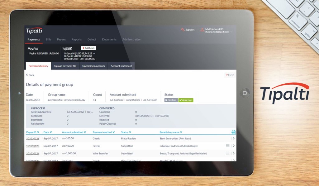 Tipalti dashboard example