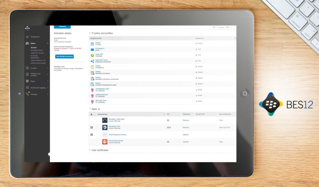 BlackBerry Enterprise Mobility Suite dashboard