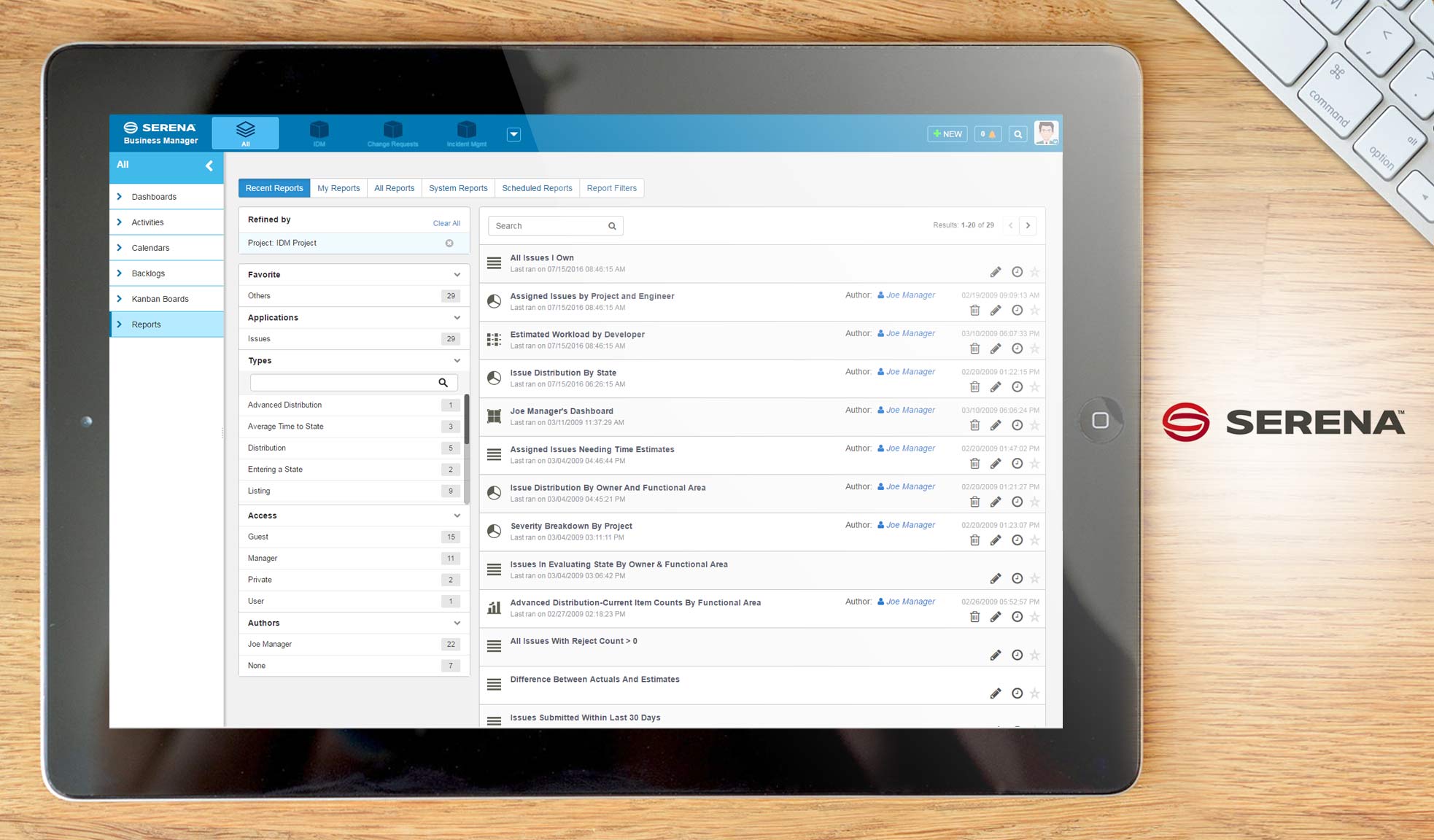 Serena Business Manager dashboard