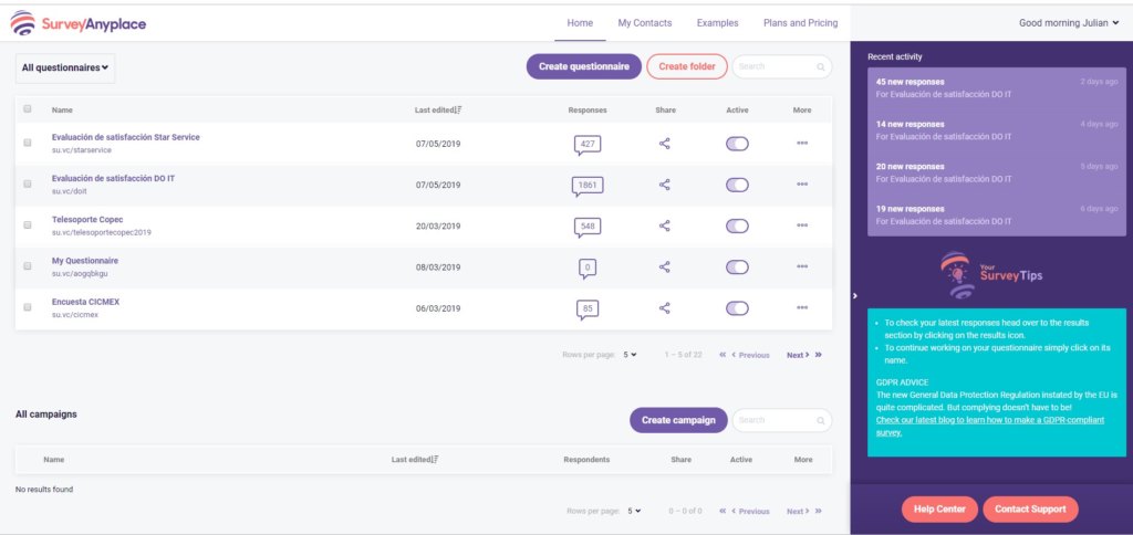 surveyanyplace dashboard
