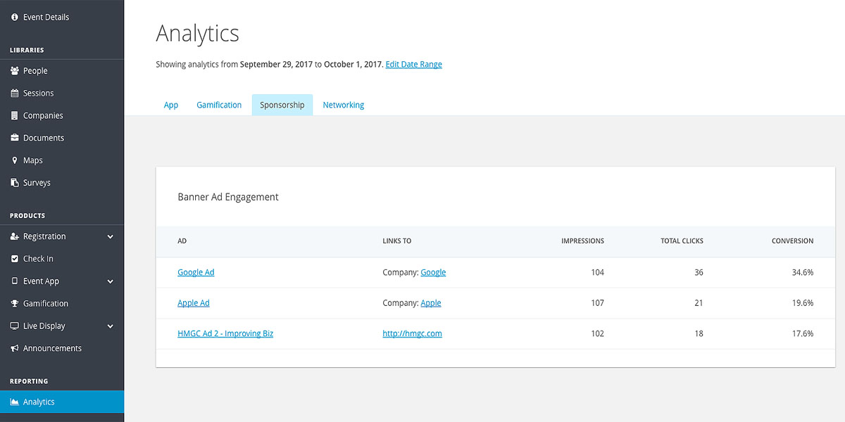 EventMobi sponsorship dashboard