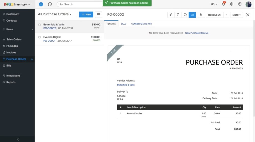 add or view purchase orders in Zoho Inventory