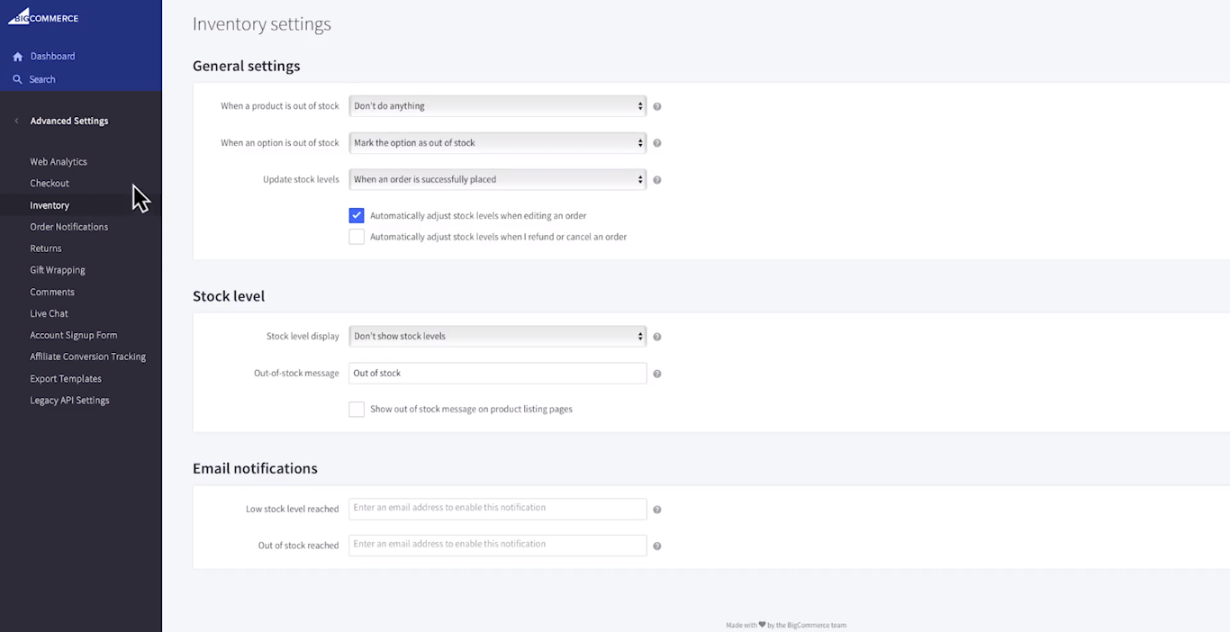inventory settings in bigcommerce