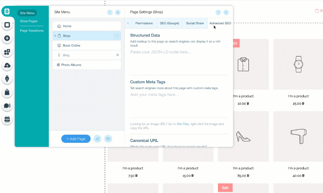 add advanced SEO settings, Wix