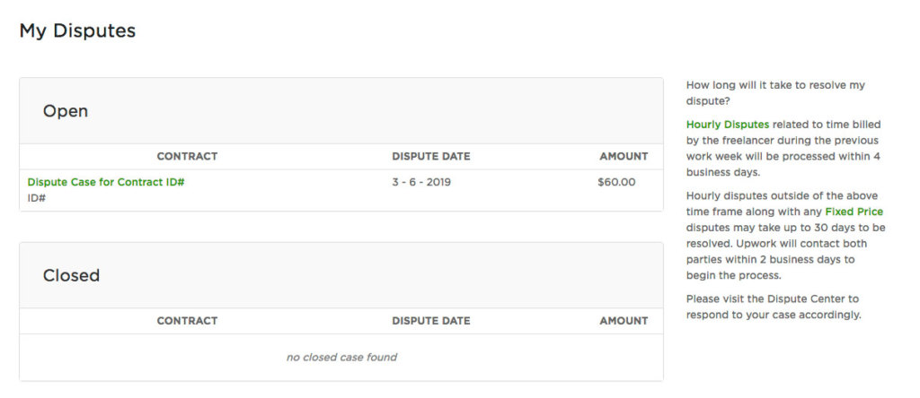 Upwork dispute dashboard