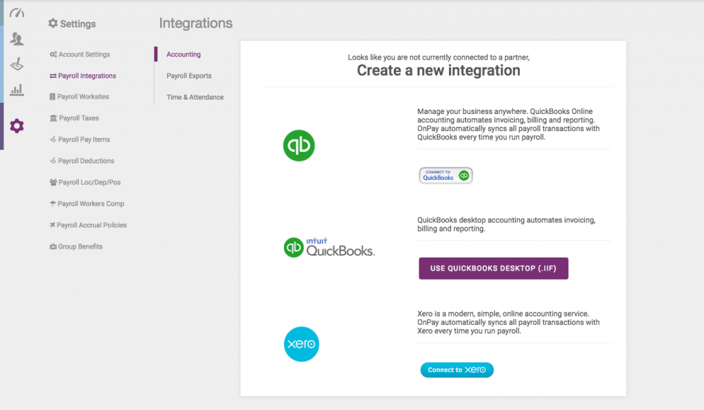 Integration screen, OnPay