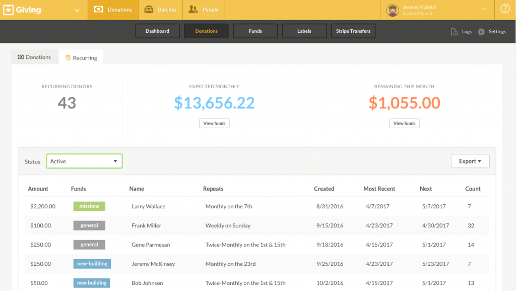 Planning Center dashboard