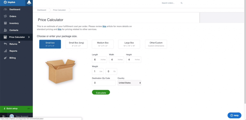 shipbob dashboard price calculator
