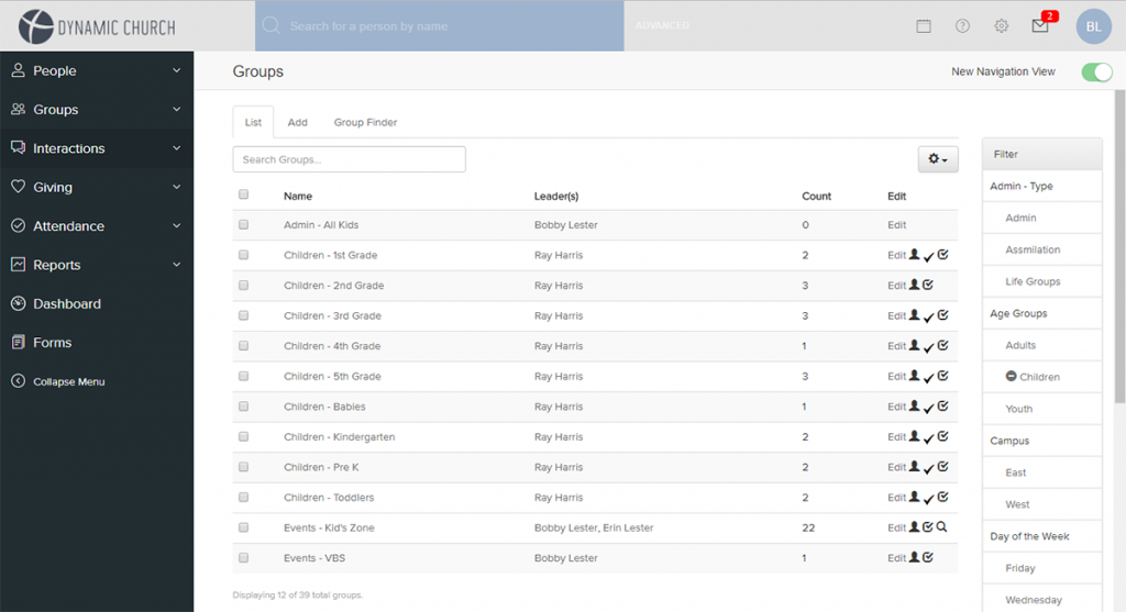 FellowshipOne dashboard