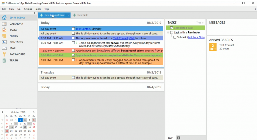 EssentialPIM dashboard