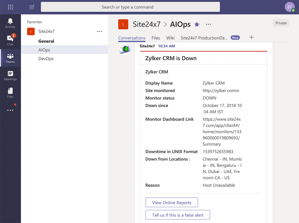 Site24x7 Real-Time Alerts dashboard