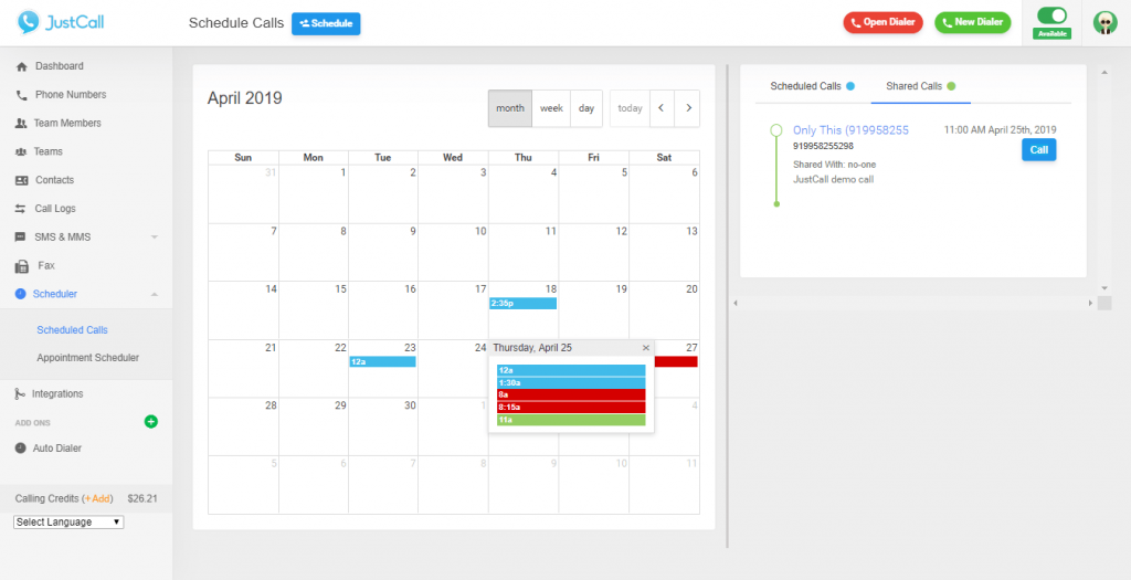JustCall calendar dashbaord