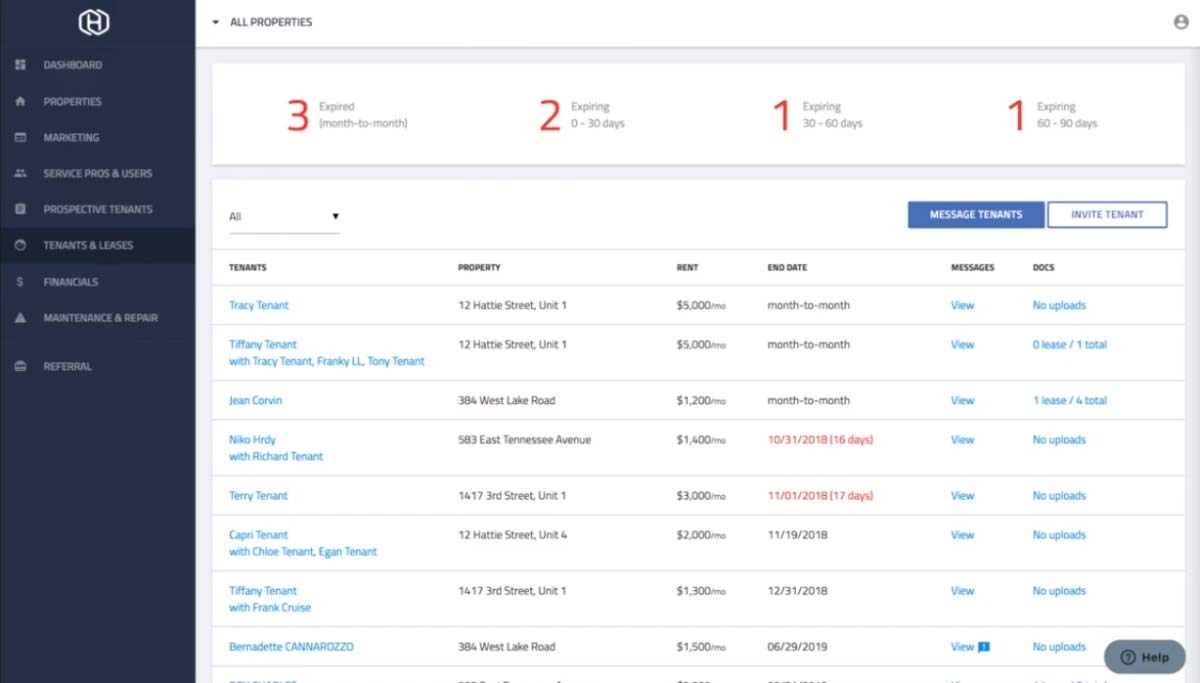 Hemlane Tenants & Leases dashboard