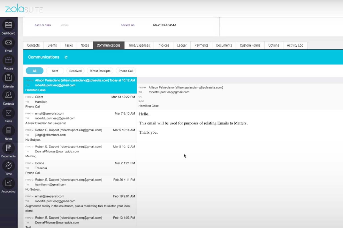 Zola Suite integrated email