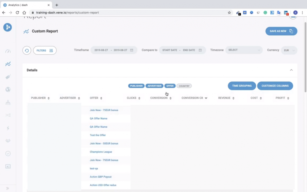 vene dash reports
