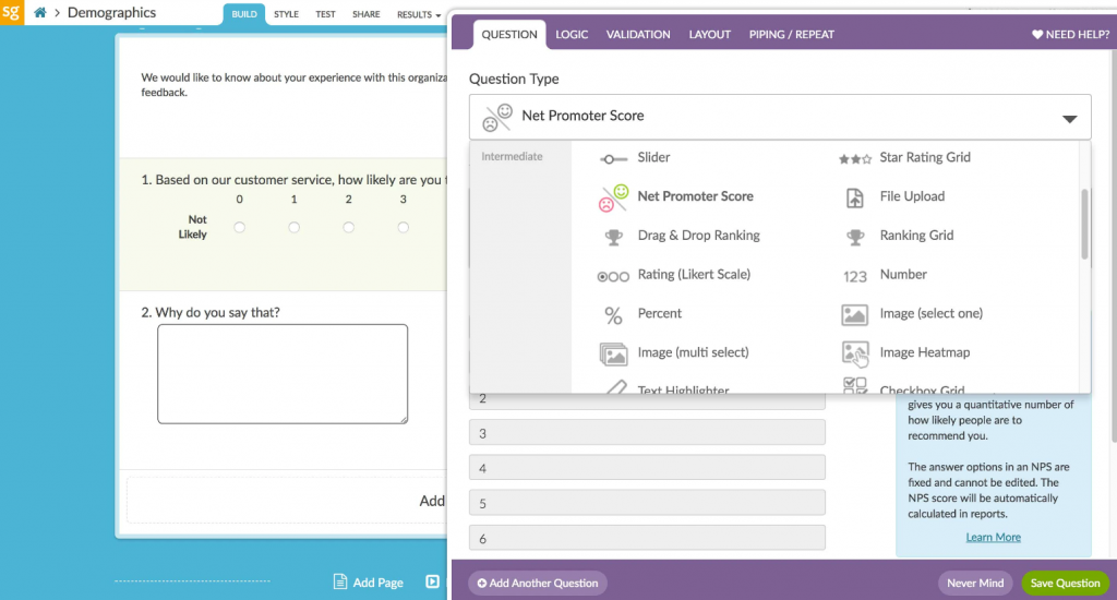 SurveyGizmo nps interface