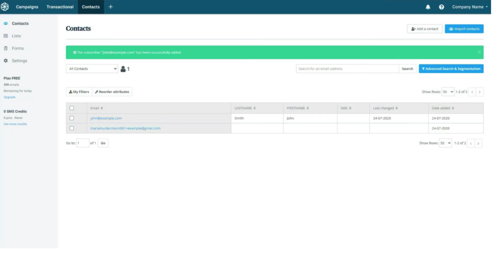 SendinBlue dashboard