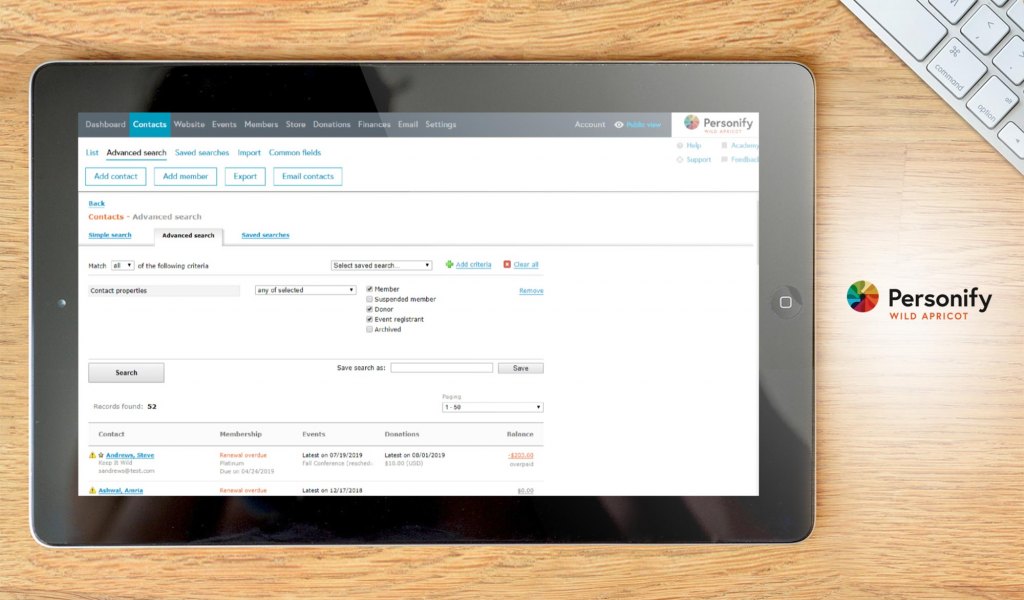 Wild Apricot dashboard