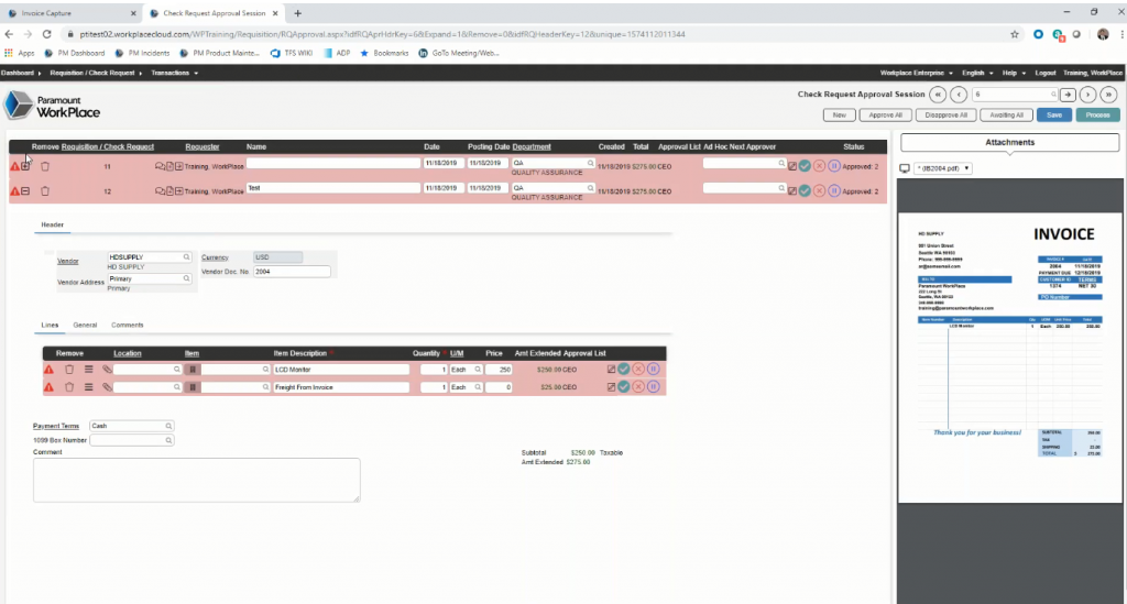 Requisition transactions in Paramount Workplace