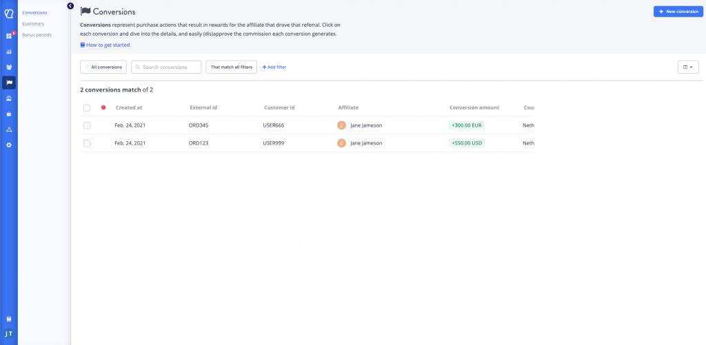 Tapfiliate conversions page