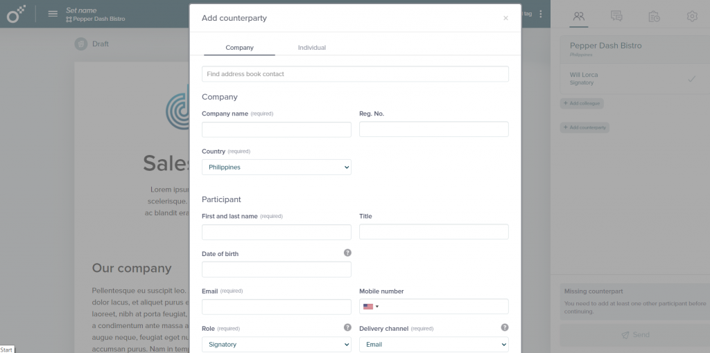 Oneflow Dashboard - Adding a Counter-Party