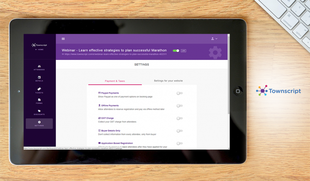 Townscript Live dashboard