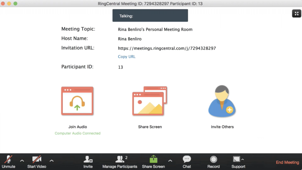 RingCentral Office meeting dashboard with host controls displayed at the bottom.