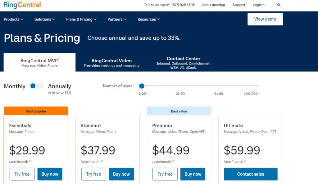 RingCentral pricing page