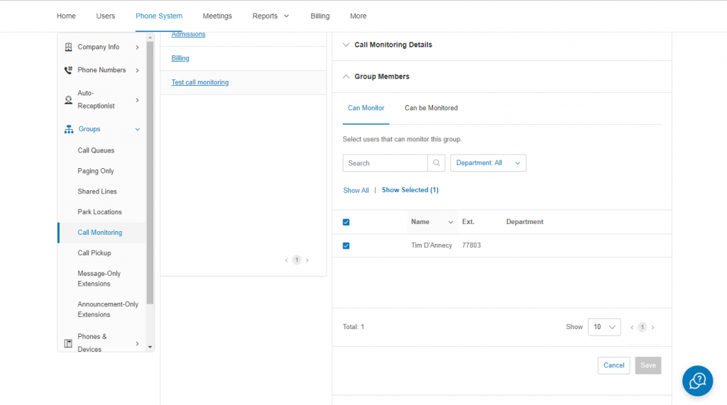 RingCentral call monitoring dashboard