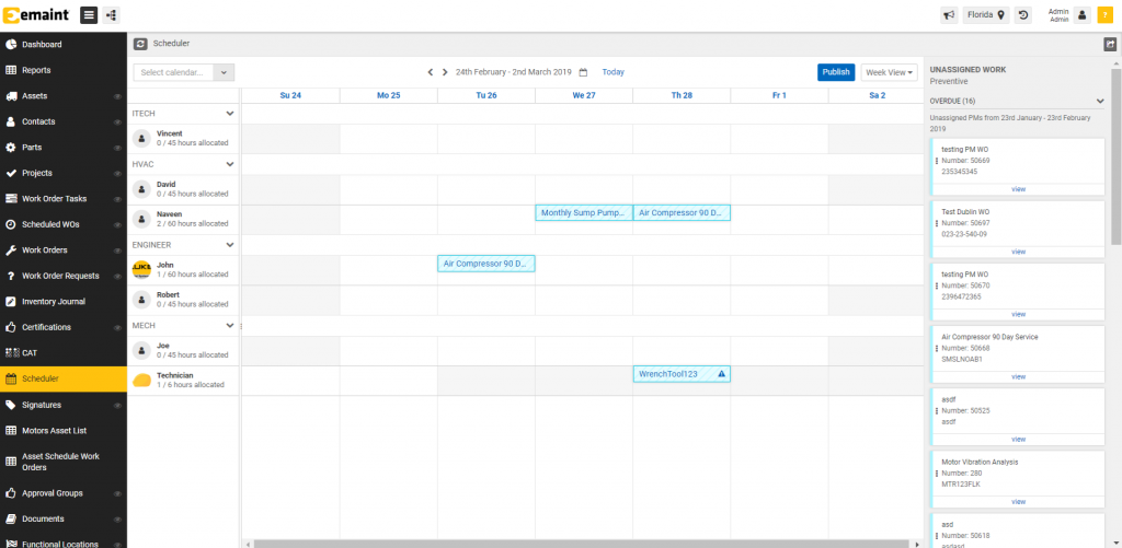 eMaint PM scheduler dashboard