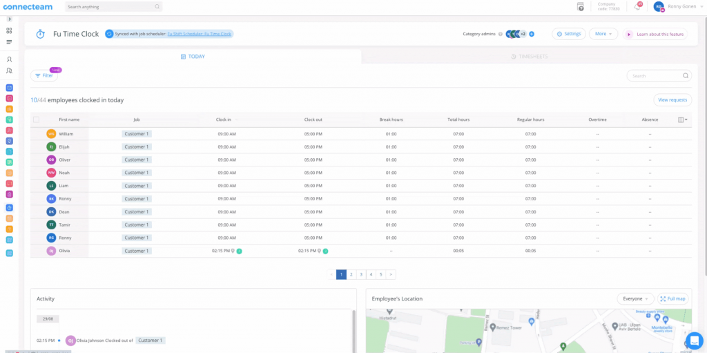 Employee clocked in view - Connecteam