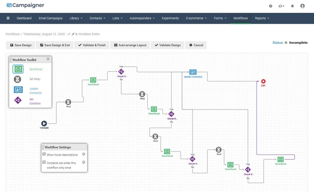 Campaigner dashboard workflow builder