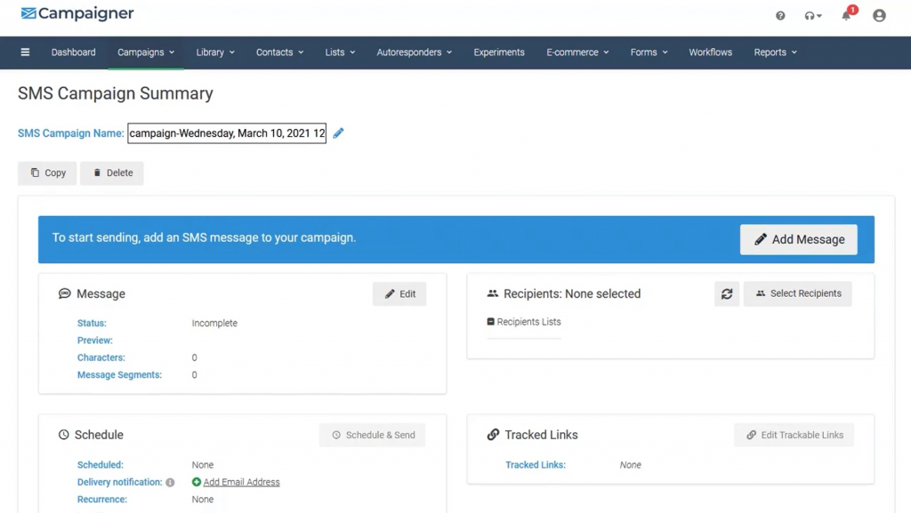 Campaigner dashboard SMS campaigns