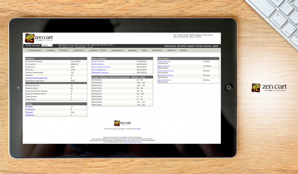 Zen Cart dashboard
