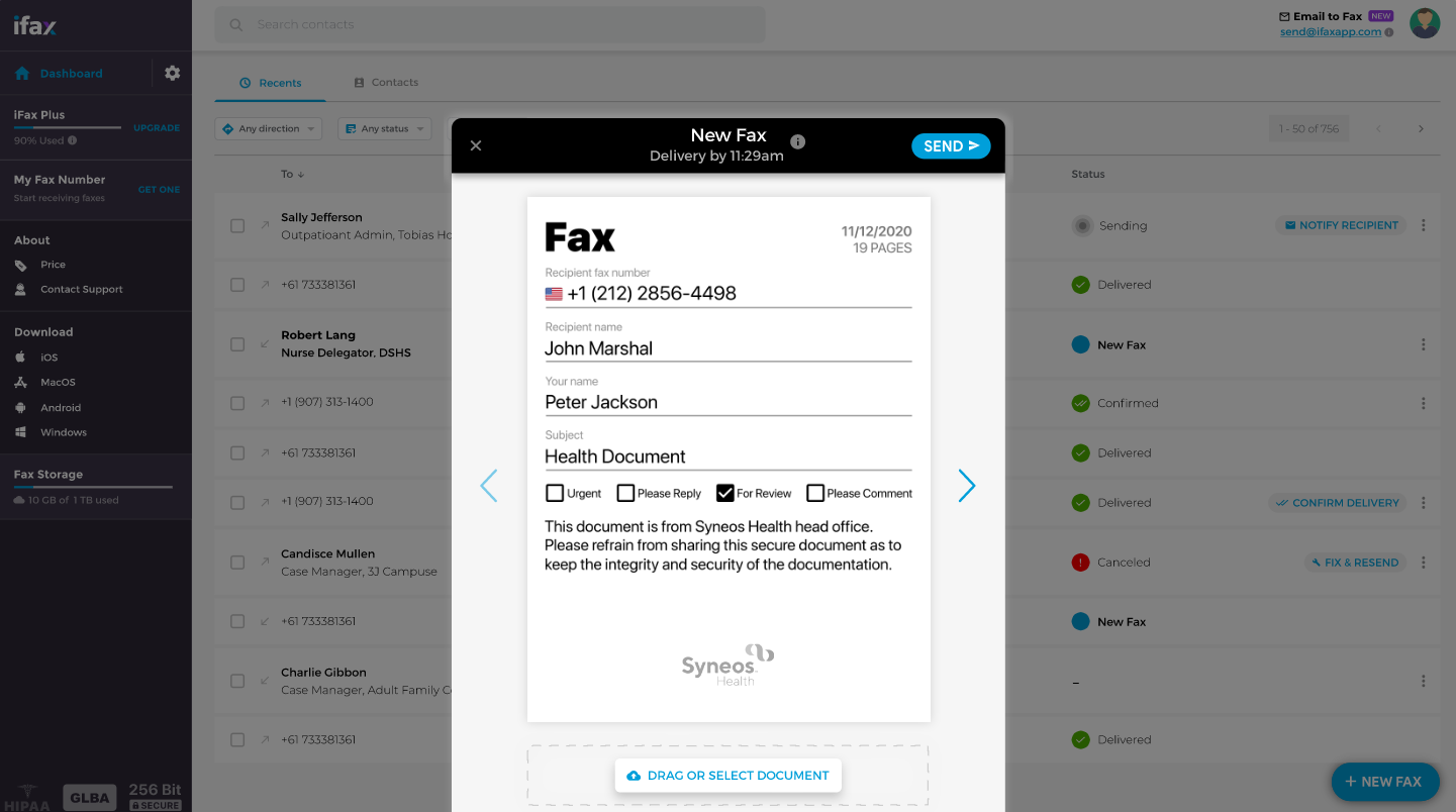 iFax dashboard cover page